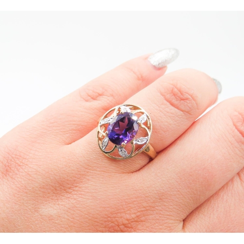 223 - Unusual Amethyst and Diamond Set Floral Form Ring Set in 9 Carat Yellow Gold Ring Size O and a Half