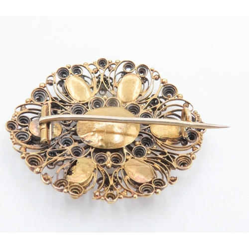 228 - Victorian 9 Carat Yellow Gold Red Garnet Decorated Brooch 4cm Wide Oval Form