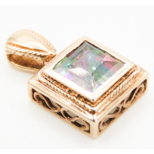 23 - Princess Cut Mystic Topaz Bezel in 9 Carat Yellow Gold Attractively Detailed 1.5cm Drop