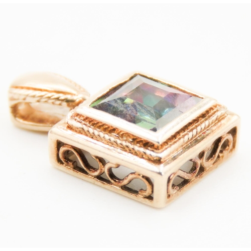 23 - Princess Cut Mystic Topaz Bezel in 9 Carat Yellow Gold Attractively Detailed 1.5cm Drop