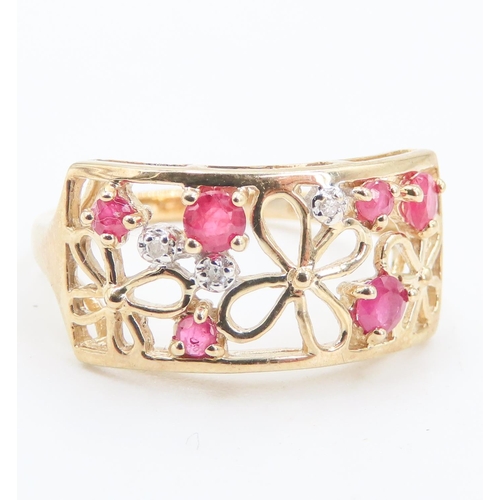 230 - Finely Detailed Ruby and Diamond Set Ladies Ring Mounted in 9 Carat Yellow Gold Ring Size Q