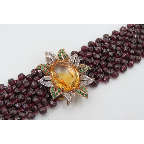 234 - Belle Epoque Garnet Set Ladies Choker Inset With Diamonds and Emeralds Mandarin Citrine Centerstone ... 