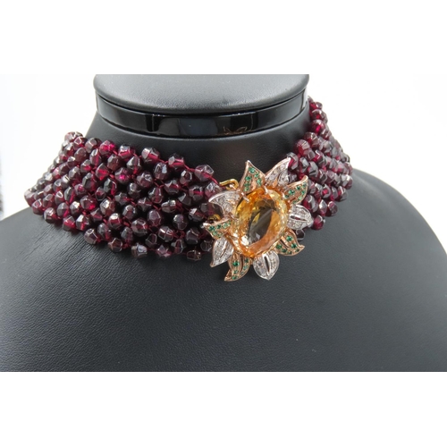 234 - Belle Epoque Garnet Set Ladies Choker Inset With Diamonds and Emeralds Mandarin Citrine Centerstone ... 