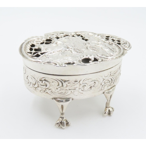 257 - Silver Desk Box Decorated with Coach Scene Shaped Form Above Claw Supports 8cm Wide 5cm High Attract... 