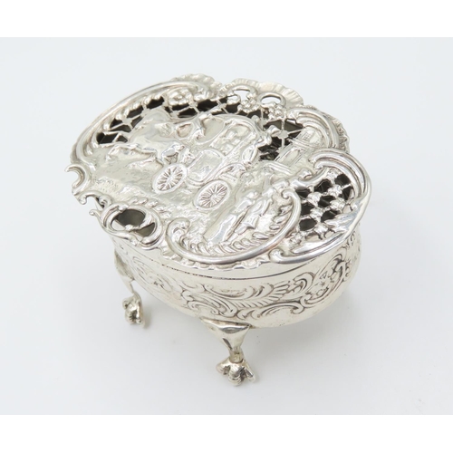 257 - Silver Desk Box Decorated with Coach Scene Shaped Form Above Claw Supports 8cm Wide 5cm High Attract... 