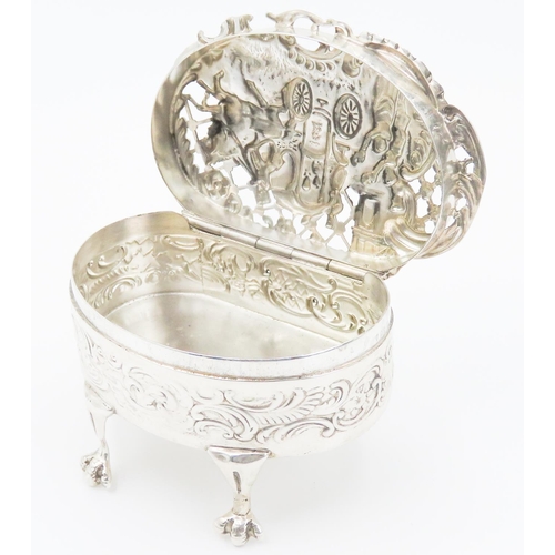 257 - Silver Desk Box Decorated with Coach Scene Shaped Form Above Claw Supports 8cm Wide 5cm High Attract... 