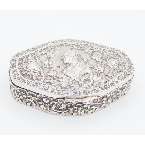 259 - Silver Snuff Box Shaped Form Hinged Cover Attractively Decorated Gilded Interior 5.5 cm Wide