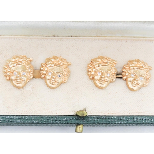 262 - Pair of Diamond Set Gilded Silver Gilt Actors Motif Cuff Links with Presentation Box