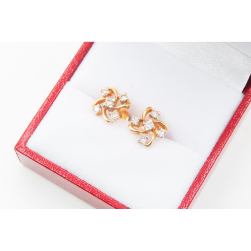 3 - Pair of 18 Carat Yellow Gold Five Diamond Set Ladies Earrings Each 1cm High