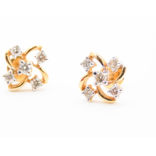 3 - Pair of 18 Carat Yellow Gold Five Diamond Set Ladies Earrings Each 1cm High