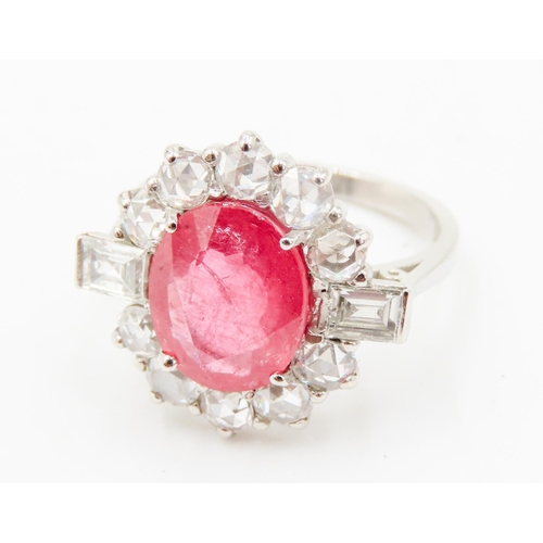 32 - Ruby Centre Stone Ring Facet Cut Diamond Set Halo Surround Further Baguette Cut Diamonds Set to Shou... 