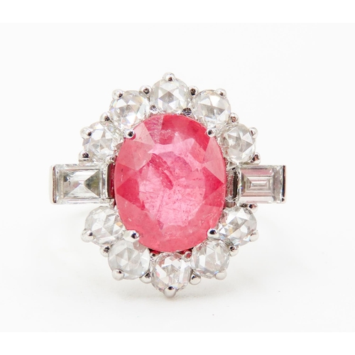 32 - Ruby Centre Stone Ring Facet Cut Diamond Set Halo Surround Further Baguette Cut Diamonds Set to Shou... 