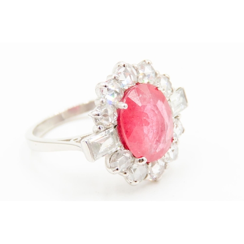 32 - Ruby Centre Stone Ring Facet Cut Diamond Set Halo Surround Further Baguette Cut Diamonds Set to Shou... 