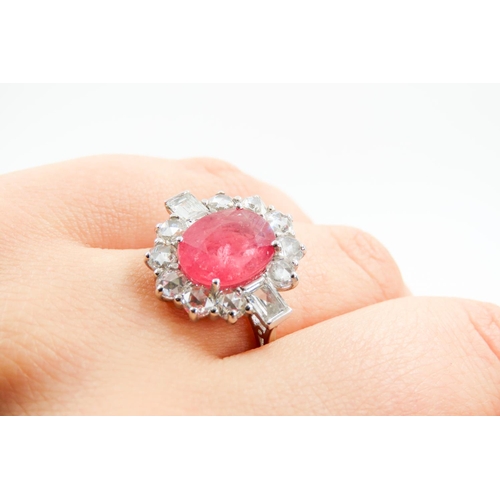 32 - Ruby Centre Stone Ring Facet Cut Diamond Set Halo Surround Further Baguette Cut Diamonds Set to Shou... 