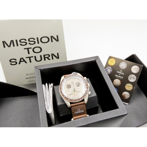 38 - OMEGA SWATCH 'Mission to Saturn' Wristwatch Bioceramic MoonSwatch Collection Ceramic Dial Brown Sati... 