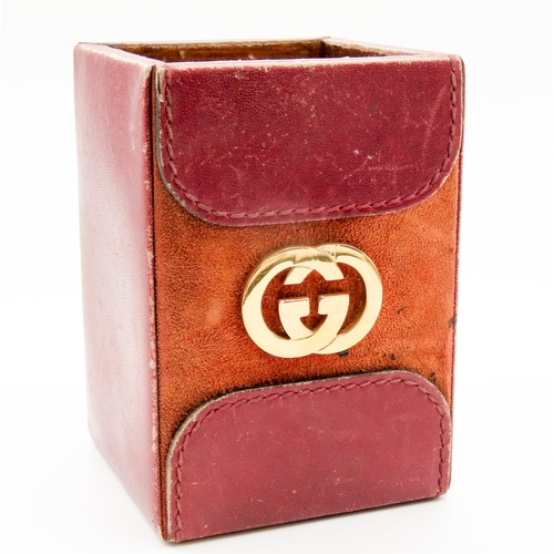 39 - Vintage GUCCI Desk Pen Holder Burgundy Leather with Suede Detailing Monogrammed 10cm High