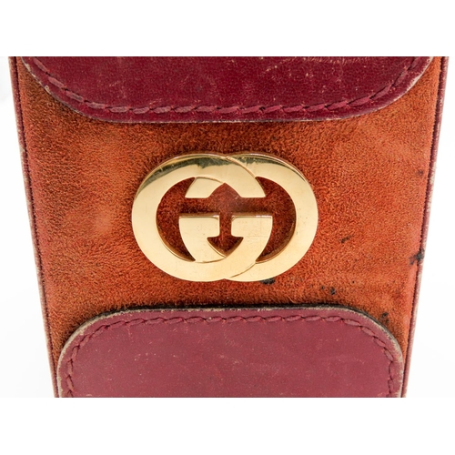 39 - Vintage GUCCI Desk Pen Holder Burgundy Leather with Suede Detailing Monogrammed 10cm High