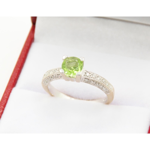 4 - Four Claw Set Peridot Solitaire Ring Further Pave Diamond Set Band Set in 18 Carat White Gold Ring S... 