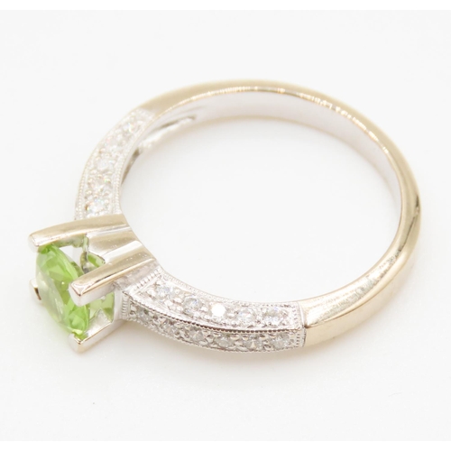 4 - Four Claw Set Peridot Solitaire Ring Further Pave Diamond Set Band Set in 18 Carat White Gold Ring S... 