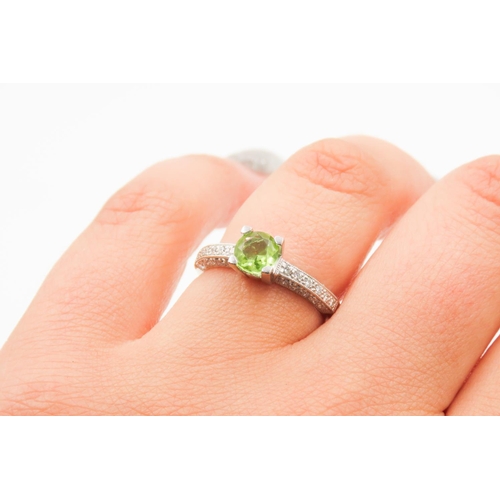 4 - Four Claw Set Peridot Solitaire Ring Further Pave Diamond Set Band Set in 18 Carat White Gold Ring S... 