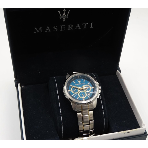 43 - MASERATI Successo Stainless Steel Sports Analogue Quartz Watch Date Apeture Navy Dial Bi Metal Brace... 