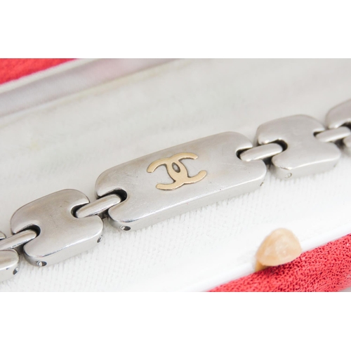 45 - Original CHANEL Stainless Steel CC Logo Bracelet Inset with Gold Logo 19.5cm Long