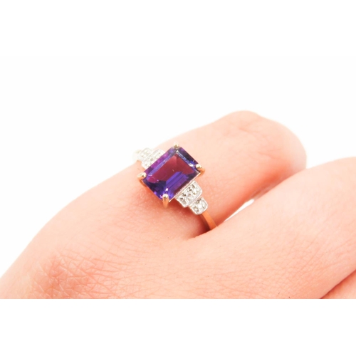 452 - Emerald Cut Amethyst Ring Set in 9 carat Yellow Gold Diamonds Set to Shoulders Ring Size N