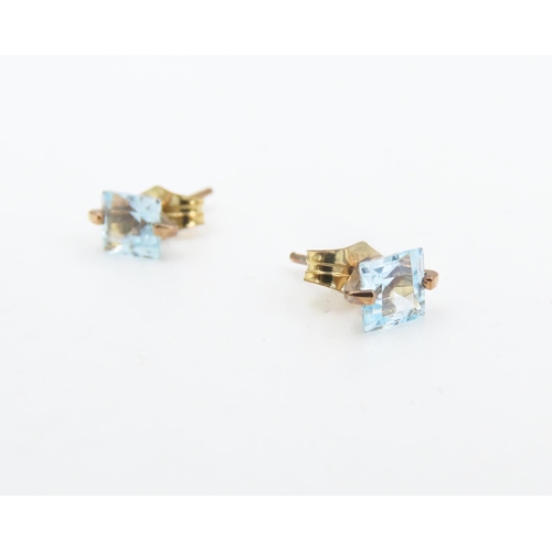 464 - Pair of Square Cut Aquamarine Set 9 Carat Yellow Gold Earrings