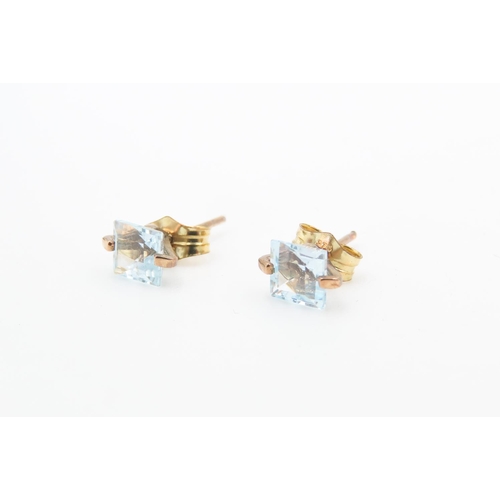 464 - Pair of Square Cut Aquamarine Set 9 Carat Yellow Gold Earrings