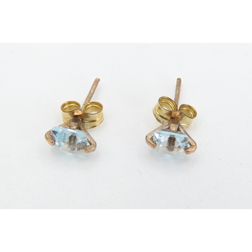 464 - Pair of Square Cut Aquamarine Set 9 Carat Yellow Gold Earrings