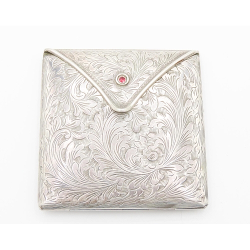 47 - Silver Envelope Form Compact Mirror Ruby Set Button Detail Attractively Incised Throughout 8cm High ... 