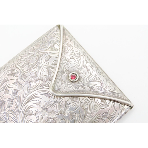 47 - Silver Envelope Form Compact Mirror Ruby Set Button Detail Attractively Incised Throughout 8cm High ... 