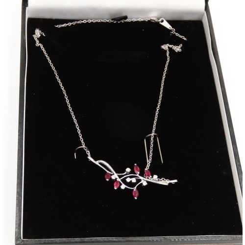 470 - Marquise Cut Ruby and Diamond Set Ladies Floral Necklace Mounted in 18 Carat White Gold 44cm Long