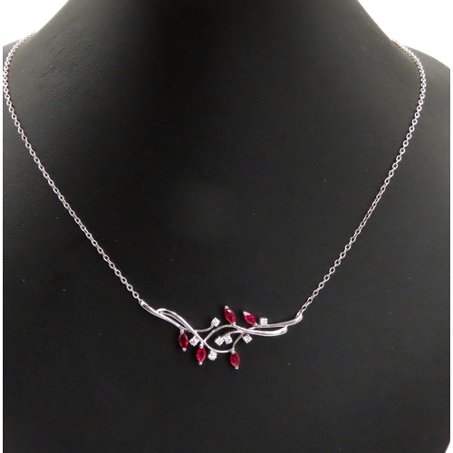 470 - Marquise Cut Ruby and Diamond Set Ladies Floral Necklace Mounted in 18 Carat White Gold 44cm Long