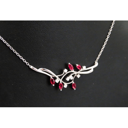 470 - Marquise Cut Ruby and Diamond Set Ladies Floral Necklace Mounted in 18 Carat White Gold 44cm Long