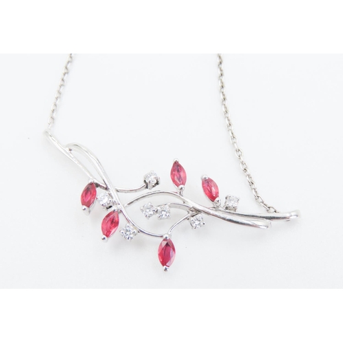 470 - Marquise Cut Ruby and Diamond Set Ladies Floral Necklace Mounted in 18 Carat White Gold 44cm Long