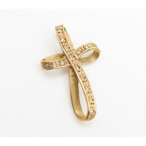 472 - Diamond Set Cross Pendant Ribbon Form Mounted in 9 Carat Yellow Gold 2.5cm Long