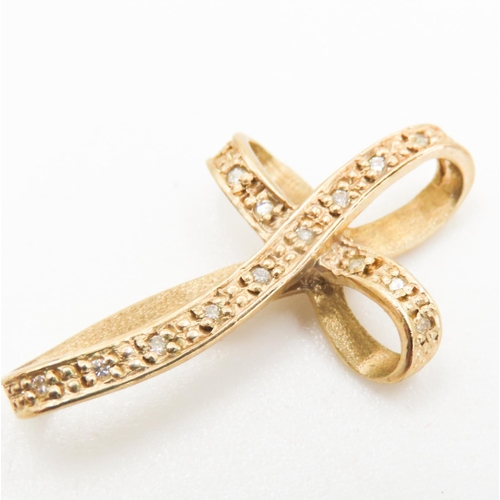 472 - Diamond Set Cross Pendant Ribbon Form Mounted in 9 Carat Yellow Gold 2.5cm Long