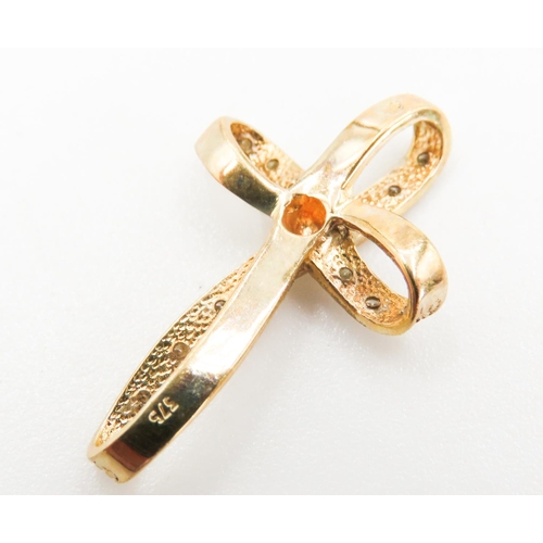 472 - Diamond Set Cross Pendant Ribbon Form Mounted in 9 Carat Yellow Gold 2.5cm Long