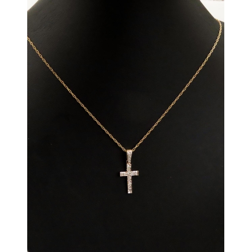 477 - Diamond Set 9 Carat Yellow Gold Cross Pendant 2cm Drop Set on 9 Carat Yellow Gold Chain 45cm Long