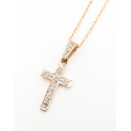 477 - Diamond Set 9 Carat Yellow Gold Cross Pendant 2cm Drop Set on 9 Carat Yellow Gold Chain 45cm Long