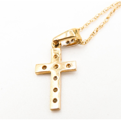 477 - Diamond Set 9 Carat Yellow Gold Cross Pendant 2cm Drop Set on 9 Carat Yellow Gold Chain 45cm Long