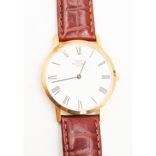 489 - GLycine Swiss Made Gold Tone Roman Numeral Dial Wristwatch Brown Leather Strap As New Unworn