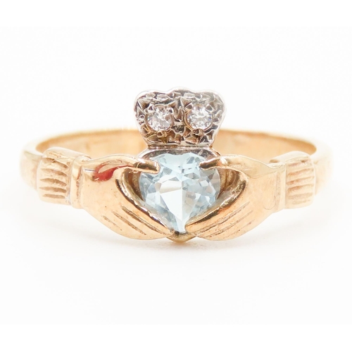 495 - Aquamarine and Diamond Set Claddagh Ring Mounted in 9 Carat Yellow Gold Ring Size P