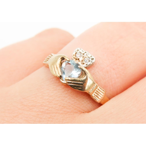 495 - Aquamarine and Diamond Set Claddagh Ring Mounted in 9 Carat Yellow Gold Ring Size P