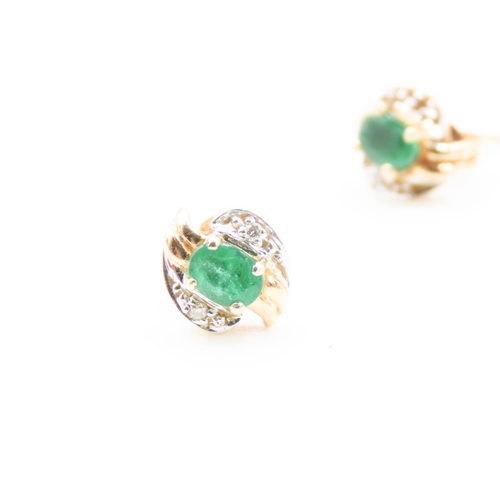 5 - Pair of Emerald and Diamond Set Ribbon Form Earrings Set in 14 Carat Yellow Gold Each  6mm high