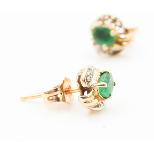 5 - Pair of Emerald and Diamond Set Ribbon Form Earrings Set in 14 Carat Yellow Gold Each  6mm high