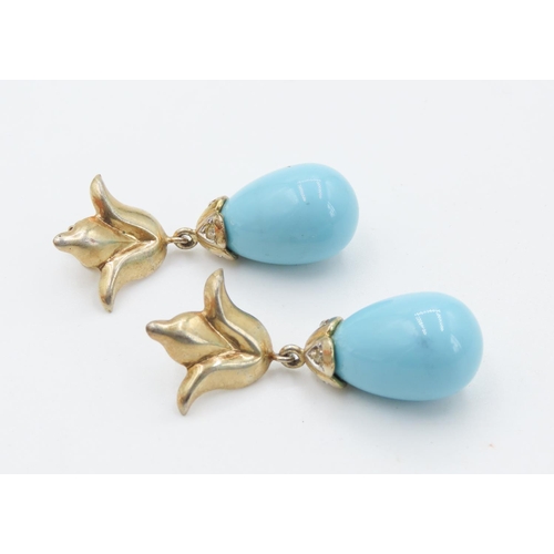 53 - Pair of Fantasy Jewellery Turquoise Set Statement Earrings Mounted in Silver Gilt Each 4cm Drop