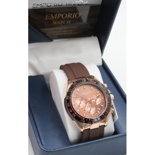 54 - Emporio Watch Mechanical Chronograph Wrist Watch Date Apeture Rose Gold Color Case with Brown Silico... 