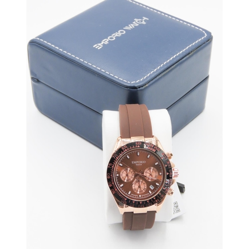 54 - Emporio Watch Mechanical Chronograph Wrist Watch Date Apeture Rose Gold Color Case with Brown Silico... 